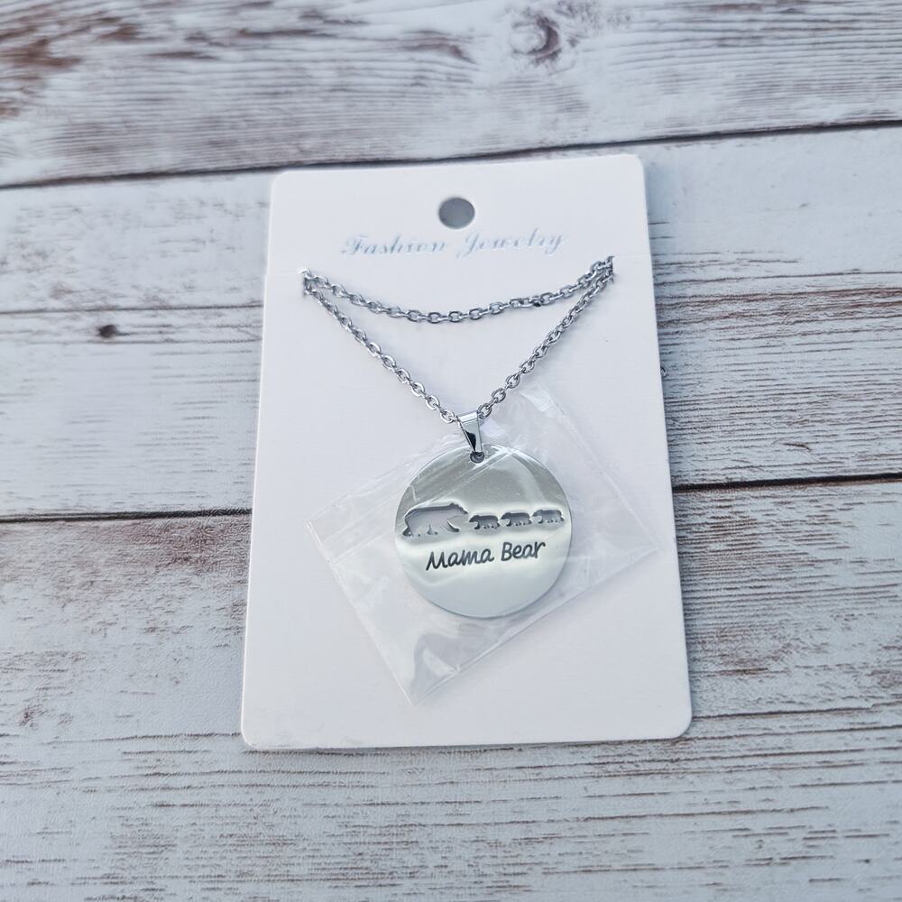 Silver Tone Mama Bear Pendant Necklace - New